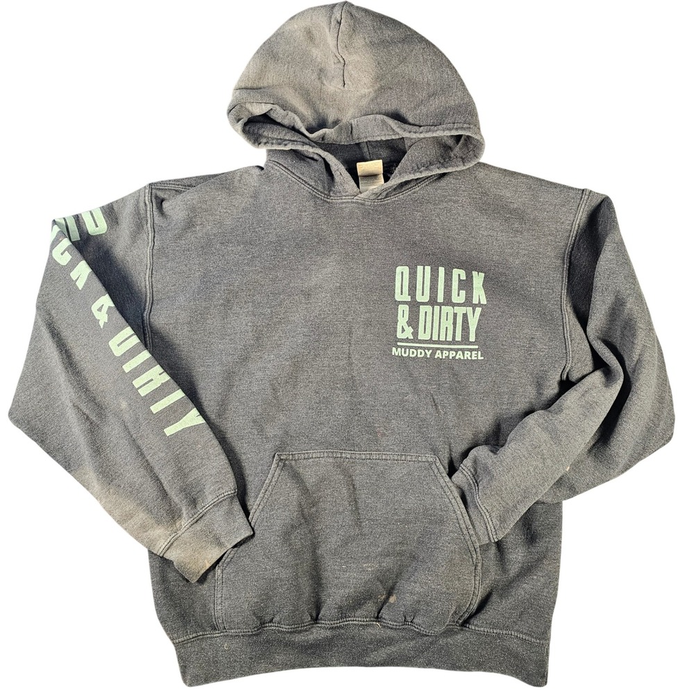 Gildan Quick & Dirty Muddy Apparel DISTRESSED Graphic Hoodie Charcoal Grey Med